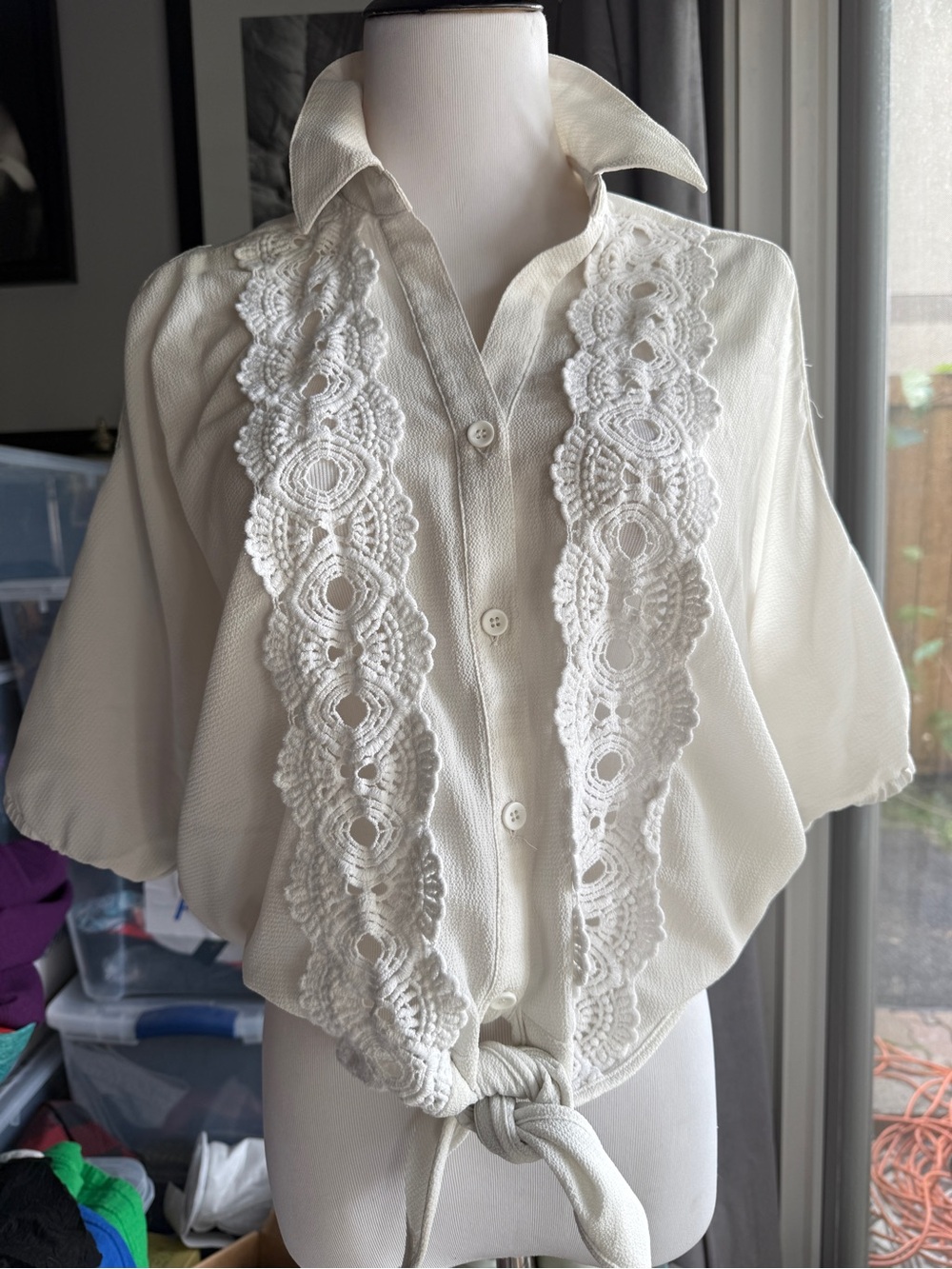 XOXO Off-White Crochet-Panel Button Front Blouse